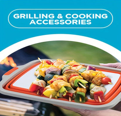 Collapsible BBQ Prep Caddy with Cutting Board & Lid - 3-in-1 Foldable Grill Preparation Tub, Food-Safe Plastic, Washing Basket & Marination Container - Orange