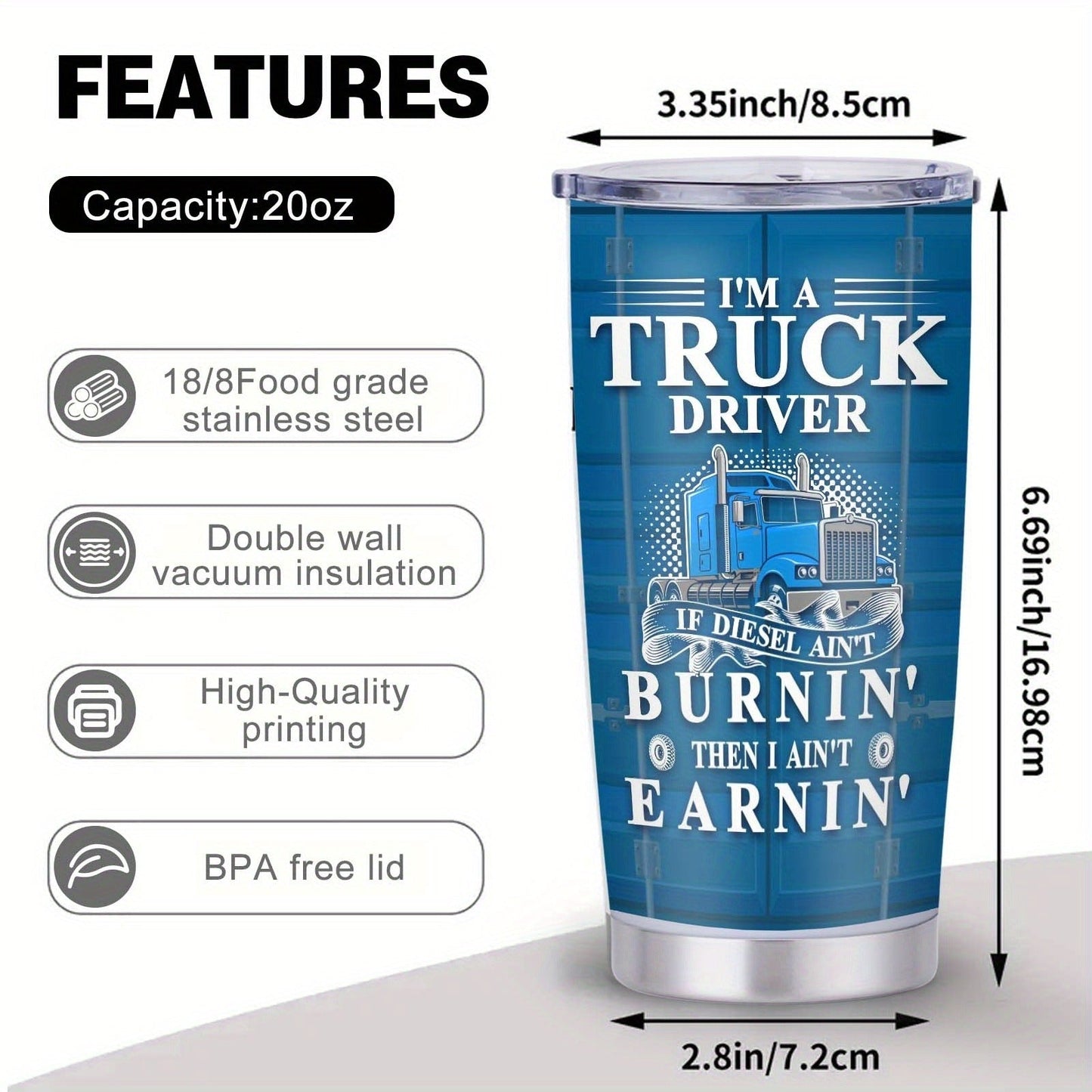 Truck Driver Tumbler 20oz Stainless Steel Insulated Coffee Cup with Lid Birthday Gift for Husband Son Grandpa Nephew Farmer Truck Driver Men