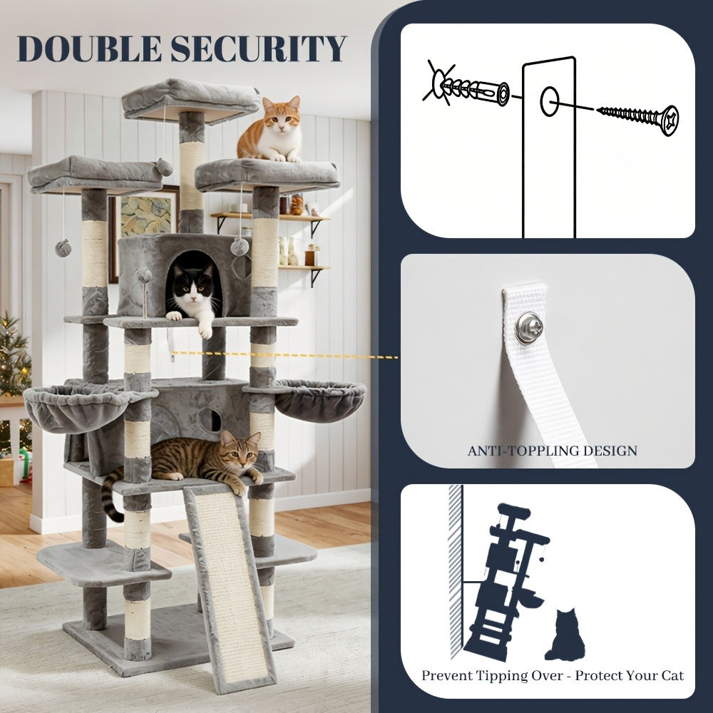 Large Multi-Level Cat Tree Tower – 68–81 Inch Tall Cat Condo with 2 Condos, 3 Plush Perches, Scratching Posts & Cat Hair Brush