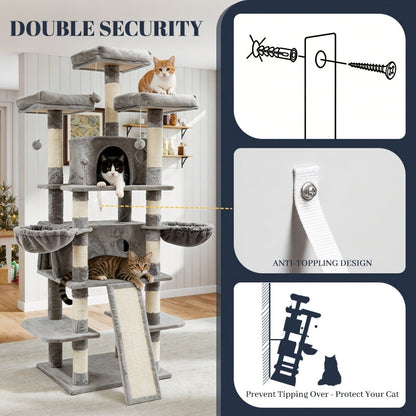 Large Multi-Level Cat Tree Tower – 68–81 Inch Tall Cat Condo with 2 Condos, 3 Plush Perches, Scratching Posts & Cat Hair Brush