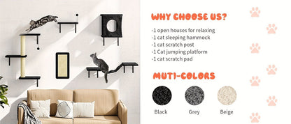 Cat Wall Shelves 5-Piece Set - Wall-Mounted Cat Furniture with Floating Perch, Cat Climber, Bridge & Cat Bed, Modern Cat Tree Alternative for Indoor Cats, Black / Grey / Beige