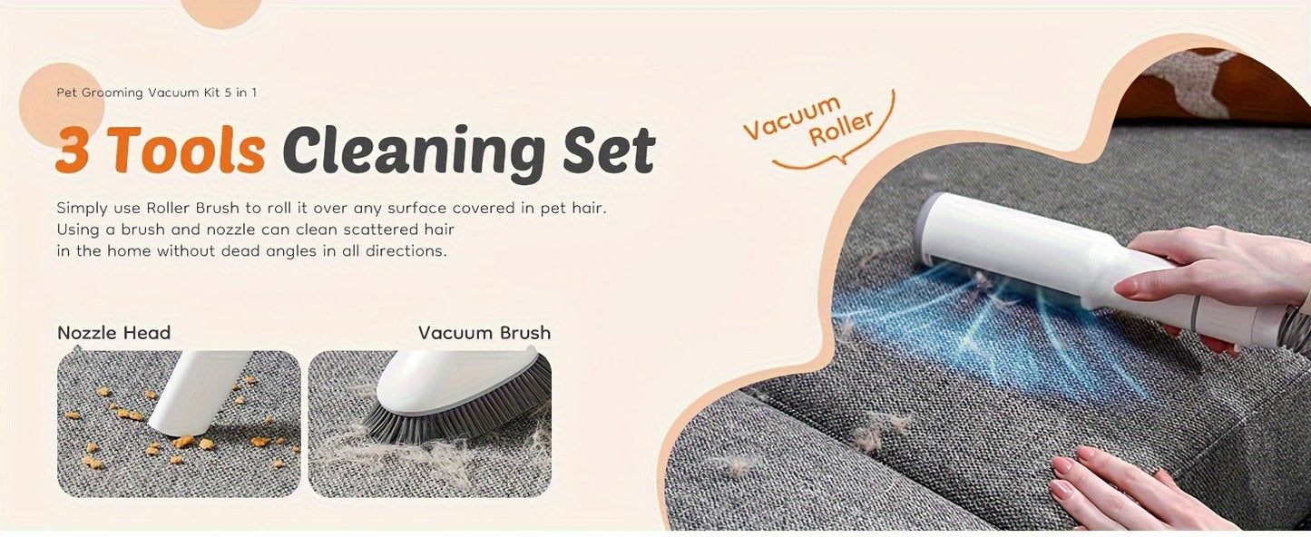 Pet Grooming Vacuum Kit 5-in-1 Professional Clippers 99% Hair Suction 6 Guide Combs Multifunctional Dog Cat Grooming Tools White Blue Grey