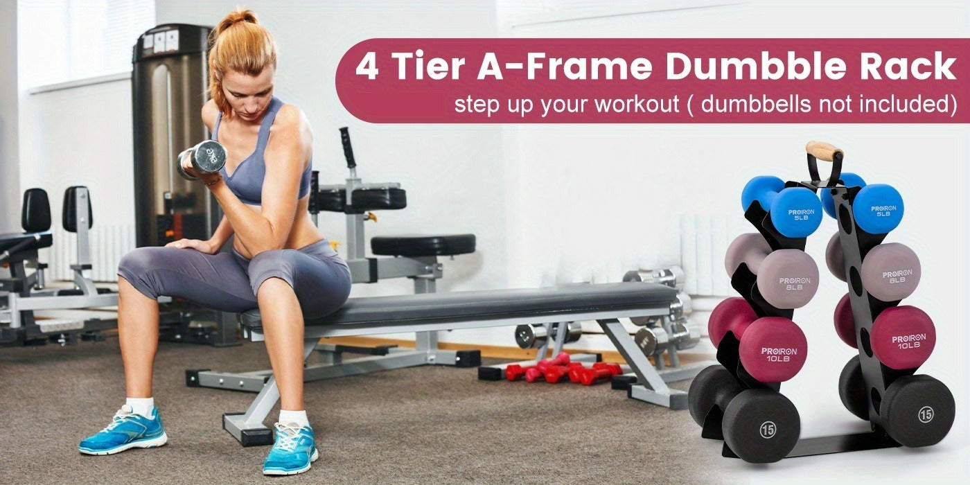 Weight Rack Stand 4-Tier A-Frame with Wooden Handle – Space-Saving Dumbbell Storage for Home Gym, Holds 5–15LB Hex & Rubber Dumbbells, Easy Assembly