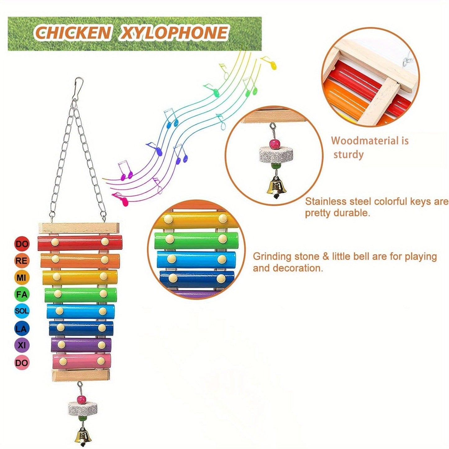 Chicken Coop Toys Set – Xylophone, Swing, Mirror, Step Ladder & Pecking Toys for Hens, Wood & Colorful Bead Enrichment Accessories for Backyard Chickens & Parrots, 5pcs or 9pcs