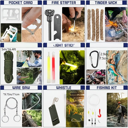 Survival Gear Kit Emergency Tool Set – Outdoor Multifunctional Camping Axe, Survival Shovel & Flint Fire Starter, 12pcs Basic or 158pcs Full Kit for Hiking, Hunting, Earthquake & Outdoor Adventures