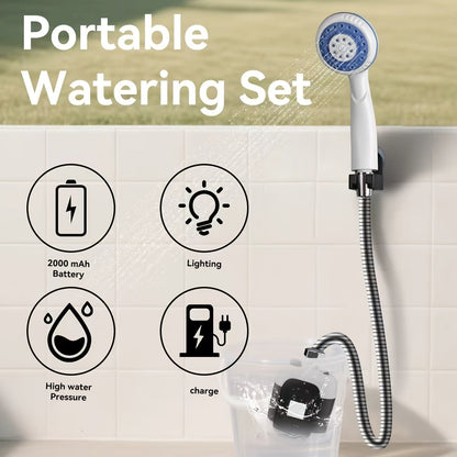 Portable Outdoor Shower with Light 2-in-1 – 2000mAh Rechargeable, Power Display, Spray Nozzle, Hose & Suction Cup – Camping, Hiking, Pet Bathing & Car Cleaning Shower Pump