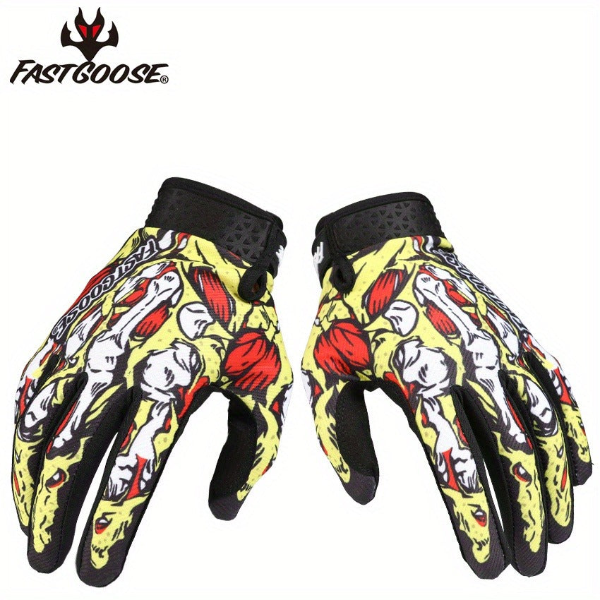 Motocross Gloves Touchscreen Full Finger - Breathable Riding Gloves with Print Design, Adjustable Wrist Closure, Road Racing & Cycling Protection (Blue/Yellow, M-XL)