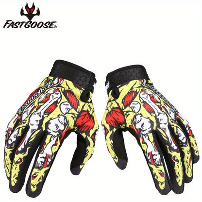 Motocross Gloves Touchscreen Full Finger - Breathable Riding Gloves with Print Design, Adjustable Wrist Closure, Road Racing & Cycling Protection (Blue/Yellow, M-XL)