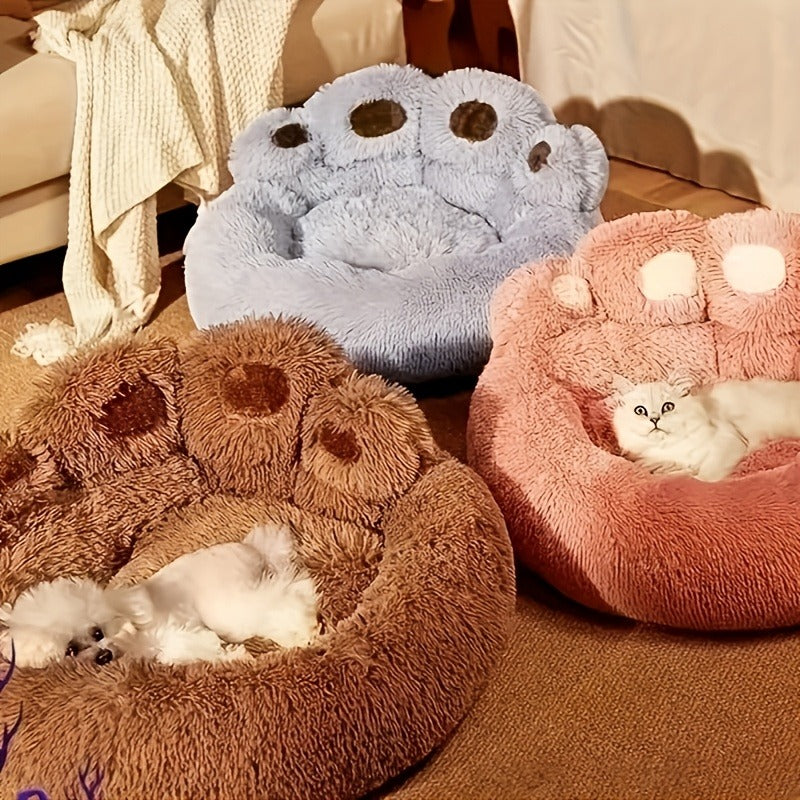 Dog Bed & Cat Bed Plush Bear Paw Print – Soft Warm Pet Bed for Small Medium Large Dogs, Thickened Long Plush, No Assembly, Autumn Winter Pet Sleeping Bed in Coffee Pink Gray