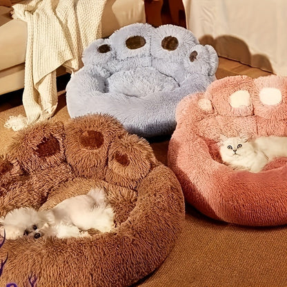 Dog Bed & Cat Bed Plush Bear Paw Print – Soft Warm Pet Bed for Small Medium Large Dogs, Thickened Long Plush, No Assembly, Autumn Winter Pet Sleeping Bed in Coffee Pink Gray