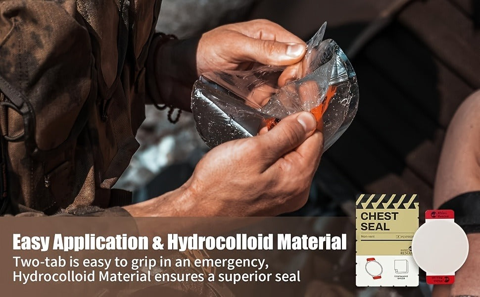 Non-Vented Chest Seal Emergency Trauma Dressing for Sucking Chest Wounds, Portable IFAK Medical Supply PA Nylon FSA HSA Eligible, Pack of 2 or 6 Tactical First Aid Chest Seal