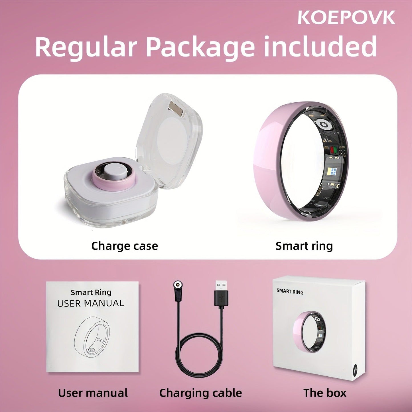 Fitness Tracker Smart Ring – IP68 Waterproof, Sleep & Step Monitor, Crystal Charging Case, Stainless Steel | Men & Women Sizes 7–13