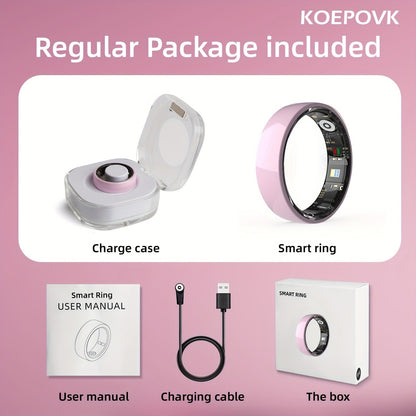Fitness Tracker Smart Ring – IP68 Waterproof, Sleep & Step Monitor, Crystal Charging Case, Stainless Steel | Men & Women Sizes 7–13