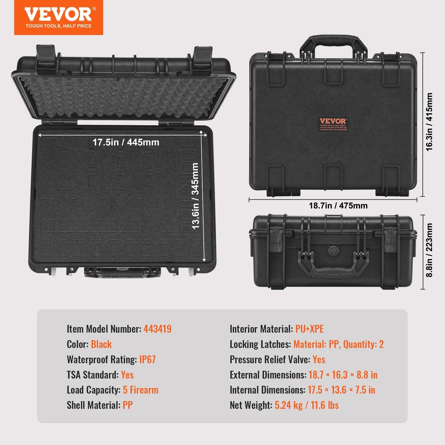 Hard Pistol Case IP67 Waterproof – TSA Approved Lockable Handgun Case with XPE Pre-Cut Foam Lining, Pressure Release Valve & Dual Padlock Holes for Safe Firearm Transport & Storage