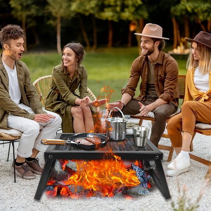 Portable Camping Bonfire Grill with Storage Bag – Heavy Duty Iron Barbecue Rack for Outdoor Picnic, RV Party & Firewood Heating, Includes Food Clips and Cleaning Cloths, Great Men's Gift