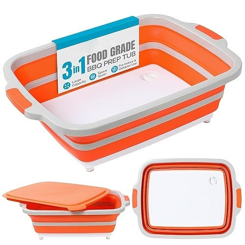 Collapsible BBQ Prep Tub 3-in-1 Grill Caddy – Cutting Board, Washing Basket & Prep Station | Food-Grade Plastic, Drainage Hole, Foldable for Camping & Outdoor Grilling