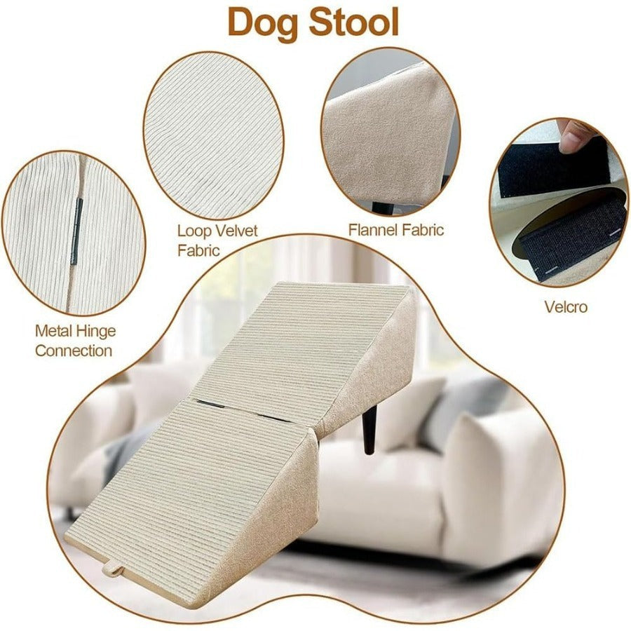 Dog Ramp 2-in-1 Foldable Ottoman Pet Stairs for Sofa Bed, Solid Wood Frame Heavy-Duty Small Dog Steps with Anti-Scratch Rounded Edges, Space-Saving Folding Pet Ramp Footrest, Black & Khaki