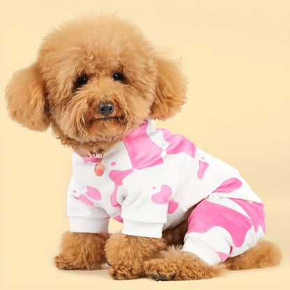 Dog Pajamas Cow Print Soft Knit Pullover Sleepwear for Small Medium Dogs, 100% Polyester Milk Swirl Texture Pet Onesie Loungewear for Year-Round Comfort, Sizes XS S M L XL XXL 3XL 4XL, White