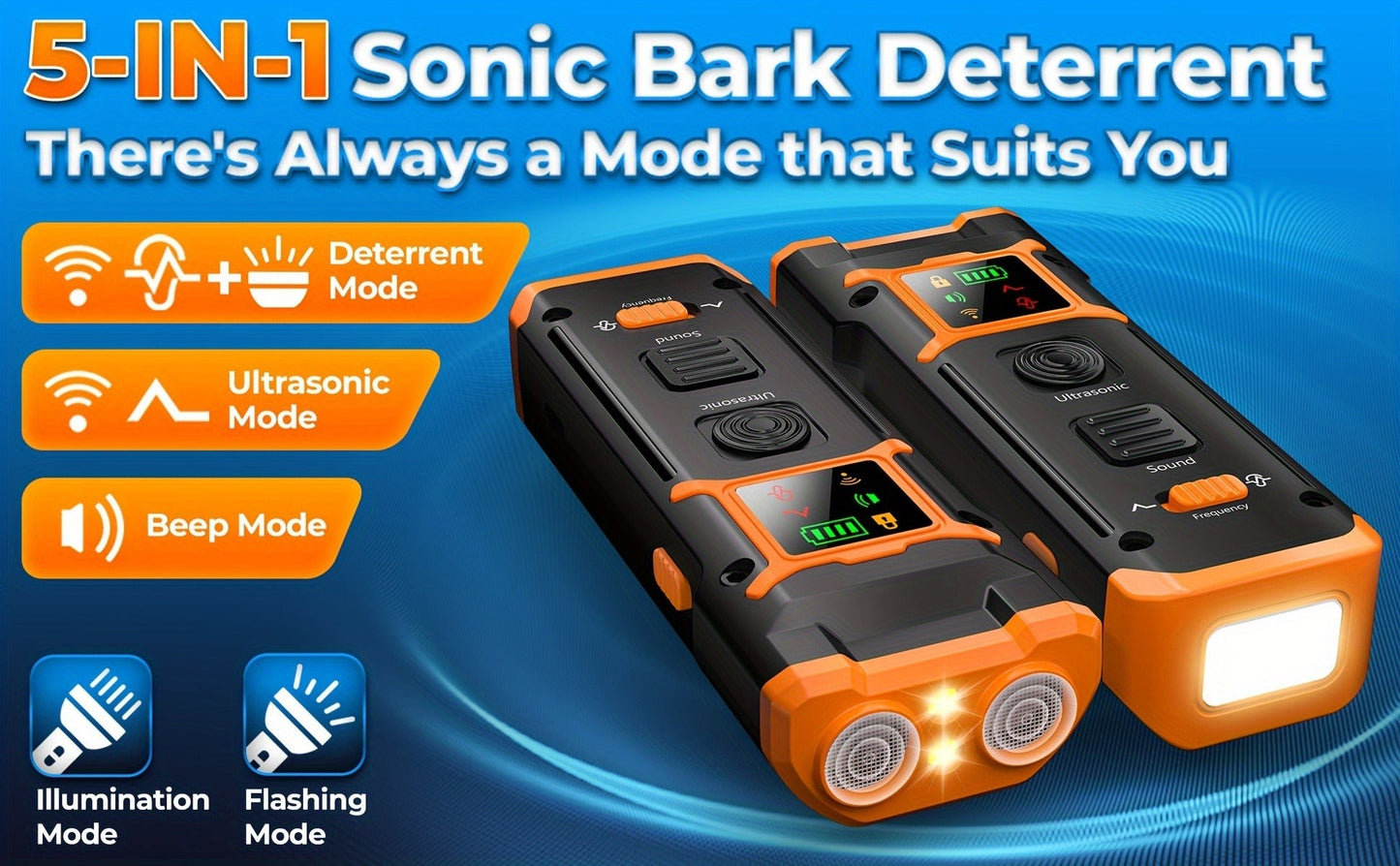 Ultrasonic Dog Repeller & Anti-Barking Device - Portable Handheld Bark Deterrent with LED Light, Soundwave Technology, Safe for Dogs & Humans, One Size Fits All Breeds