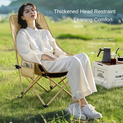 Portable Folding Moon Chair High Back 2pcs – Durable Iron Alloy Frame, Lightweight Foldable Camping Chair for Outdoor Leisure, Fishing, Beach & Backyard – Khaki or Black
