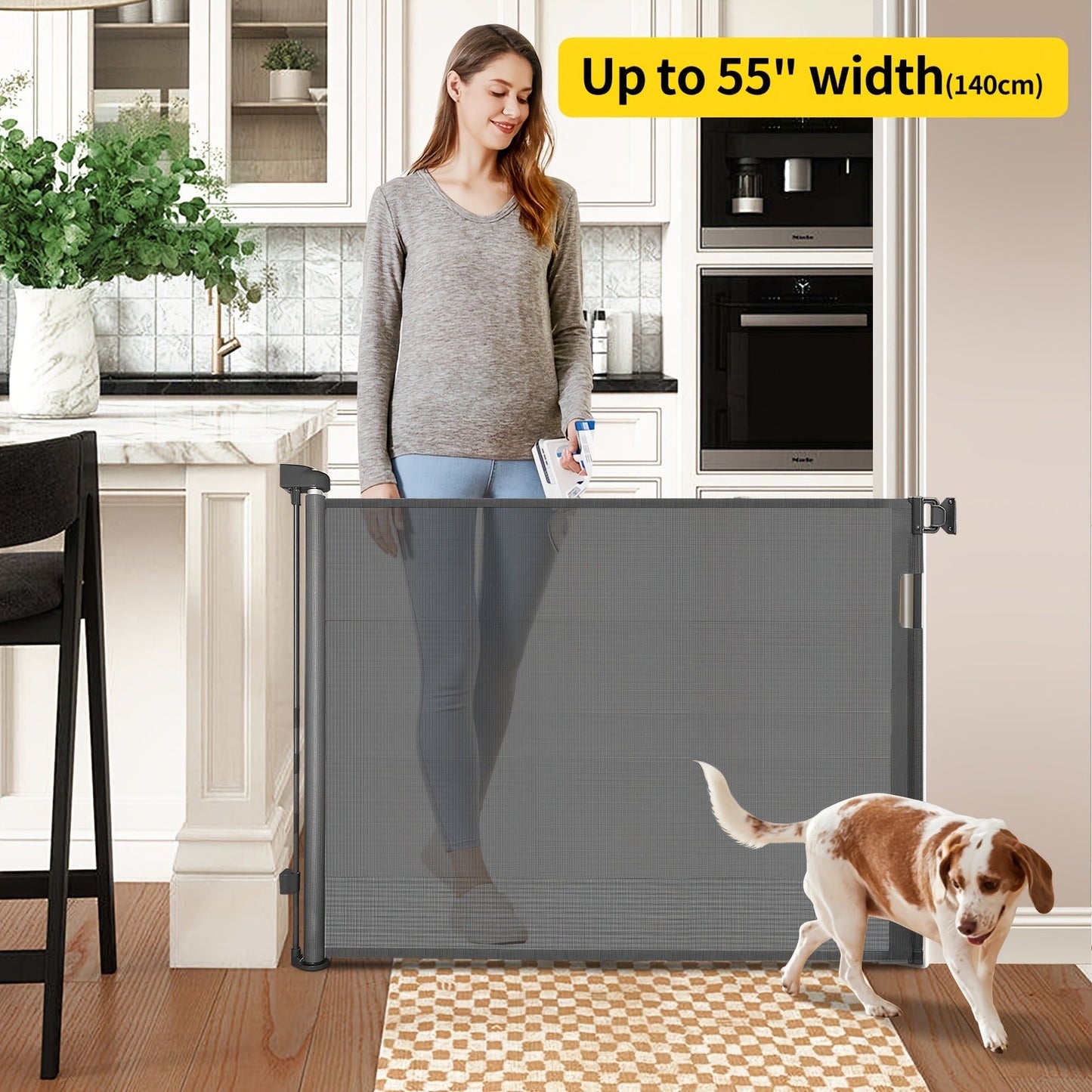 Retractable Baby Gate & Mesh Dog Gate - Extends 55" to 197" Wide, Child Safety Gate for Doorways Stairs Hallways, Indoor & Outdoor Use, Black / White / Gray, 6 Size Options