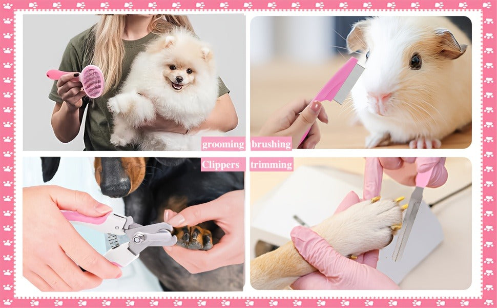 Cat & Dog Grooming Set 9-in-1 & 11-in-1 – Self-Cleaning Slicker Brush, Nail Clippers & File, Flea Comb, Shampoo Brush, Finger Toothbrush & Storage Bag, No Battery, Pink or Blue