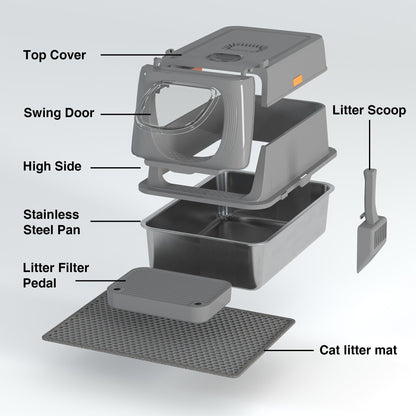 Extra Large Enclosed Cat Litter Box - Stainless Steel with Front Flap Door, Foldable Anti-Splash Fully Covered Design, Superior Odor Control Indoor Cat Toilet, 3 Colors, CITYLIFE Oversized