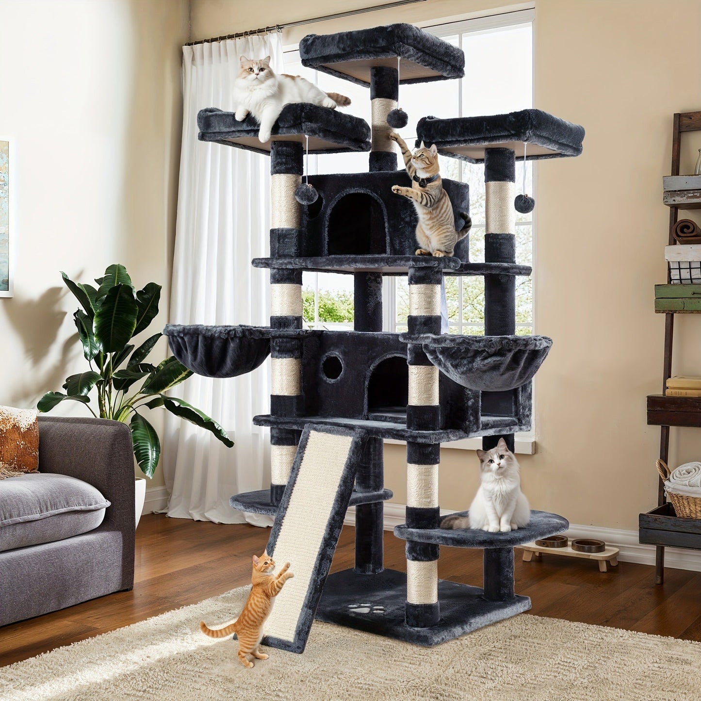 Cat Tree Tower Multi-Level for Indoor Cats - Cat Furniture with Sisal Scratching Posts, Plush Perches, Hammock, Basket & Corner Condo Cave, Hanging Toys & Climbing Ramp, Multiple Sizes & Colors