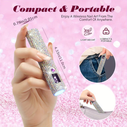 Portable LED Nail Lamp Rhinestone Design USB Rechargeable 365+405nm Quick Dry Gel Curer 20s 60s Timer LCD Display Wireless Nail Dryer for Hands Feet Home Travel Gift Women