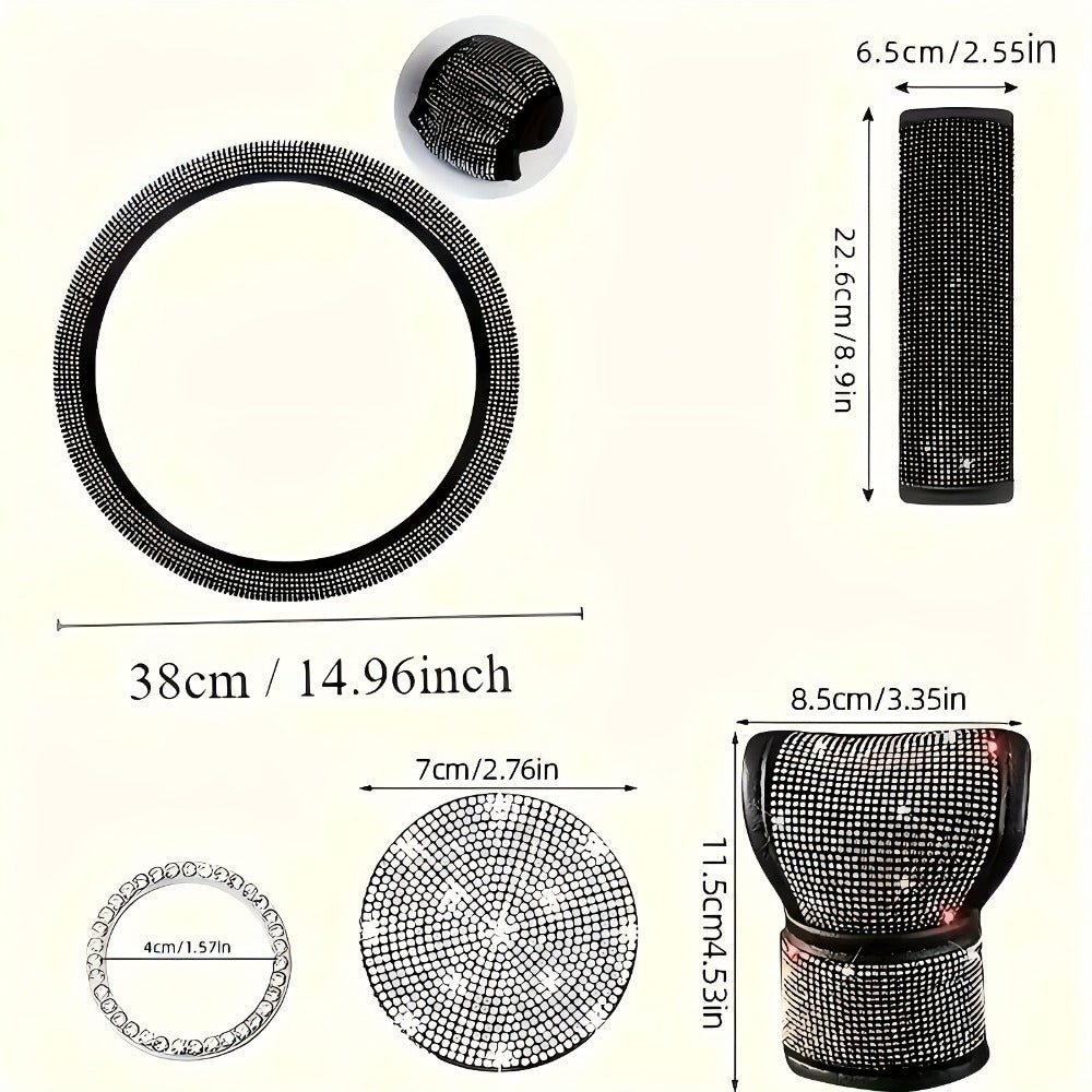 Rhinestone Car Accessories Set for Women 8 Pcs – Bling Steering Wheel Cover Cup Coasters Seat Belt Pads Shift Knob Cover Starter Rings – Multicolor Pink Purple