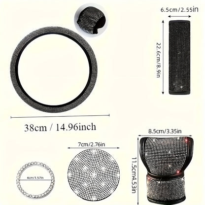 Rhinestone Car Accessories Set for Women 8 Pcs – Bling Steering Wheel Cover Cup Coasters Seat Belt Pads Shift Knob Cover Starter Rings – Multicolor Pink Purple