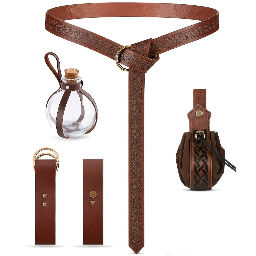 Medieval Belt Set 5pcs Viking Renaissance Faux Leather Harness with Potion Bottle Bag – LARP Halloween Cosplay Renaissance Fair Themed Party Role Play Costume Accessory, Black & Brown
