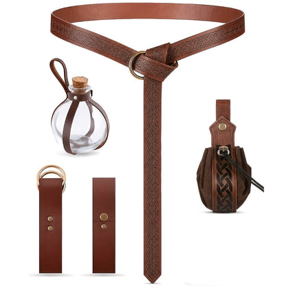 Medieval Belt Set 5pcs Viking Renaissance Faux Leather Harness with Potion Bottle Bag – LARP Halloween Cosplay Renaissance Fair Themed Party Role Play Costume Accessory, Black & Brown