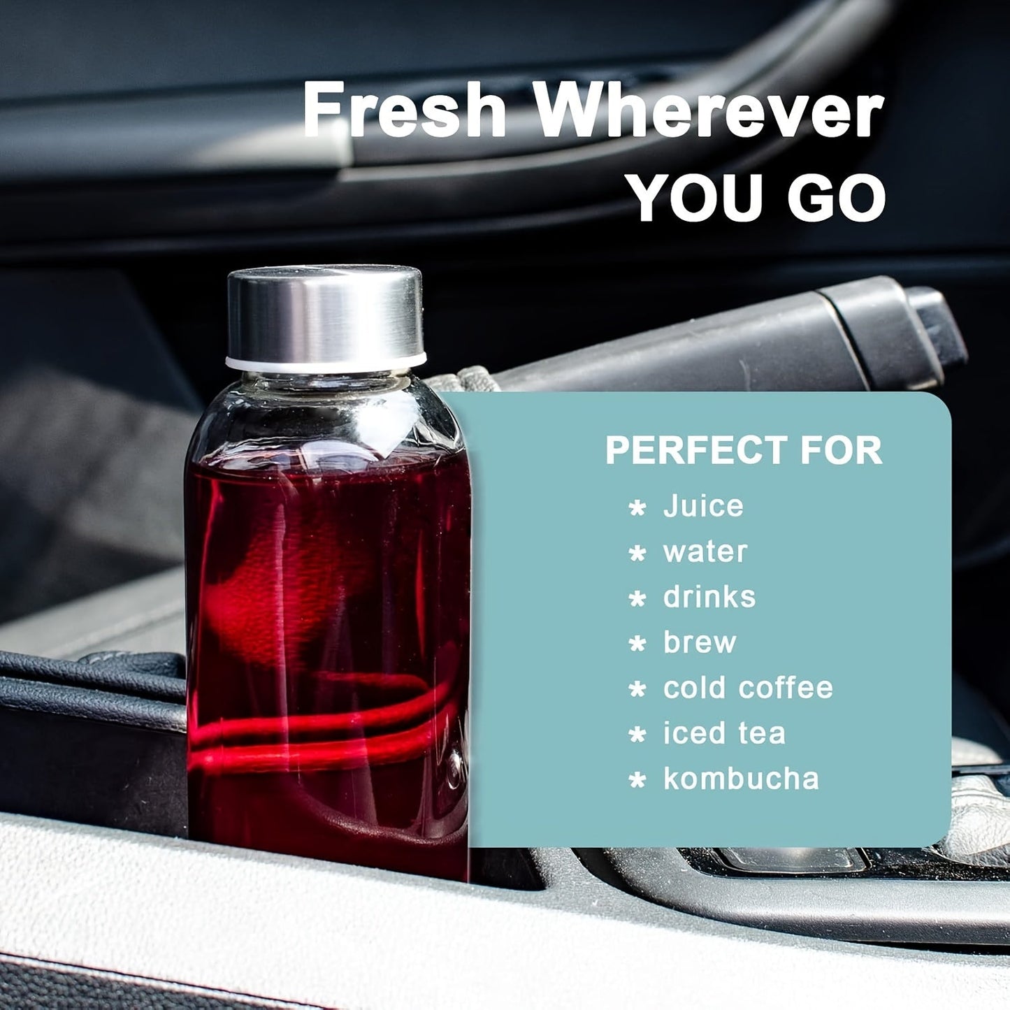 Glass Water Bottles with Lids 6 Pack 18oz – Reusable Leak-Proof Juice Bottles with Stainless Steel Caps for Smoothies, Beverages & Refrigerator Storage, BPA Free, Includes Cleaning Brush & Funnel