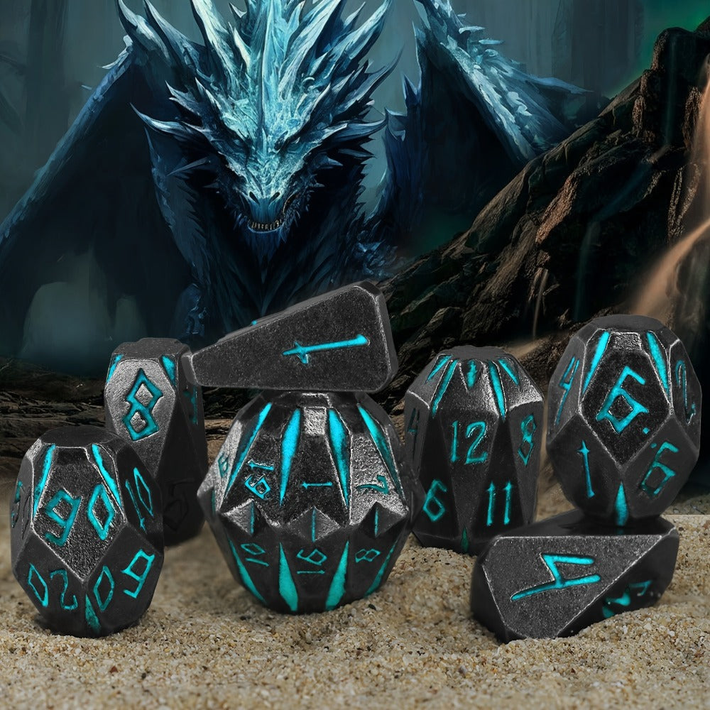 Metal DnD Dice Set 7pcs Glow in the Dark – Stonehenge Zinc Alloy Polyhedral Dice with Display Box, D4 D6 D8 D10 D12 D20 for D&D RPG Tabletop Games, Unique Gamer Gift Blue