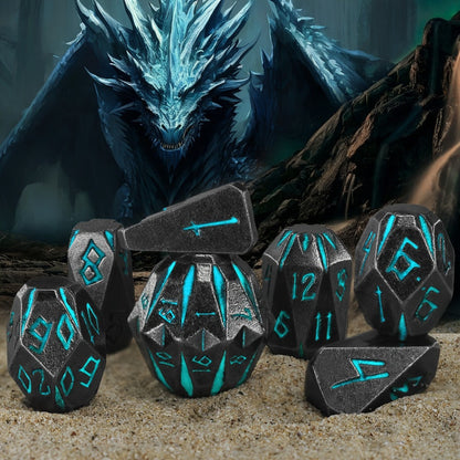Metal DnD Dice Set 7pcs Glow in the Dark – Stonehenge Zinc Alloy Polyhedral Dice with Display Box, D4 D6 D8 D10 D12 D20 for D&D RPG Tabletop Games, Unique Gamer Gift Blue