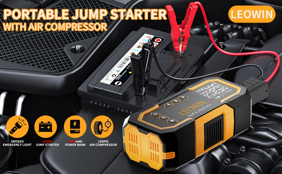 Portable Car Battery Jump Starter with Air Compressor, 12V Battery Booster Pack (9.0 Gas/1.72gal Diesel) with 150PSI Auto-Shutoff Tire Inflator, Jump Box with Smart Clamps, Jumper Cables, USB Input/output, LED Emergency, Car Accessories Tools