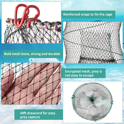 Collapsible Fishing Trap Net 4 Pack - Crab Crawfish Minnow Lobster Shrimp Bait Cage with 49ft Rope, 12x24 Inch Foldable Fish Trap, Durable PA Nylon, Portable Freshwater Saltwater Fishing Gear