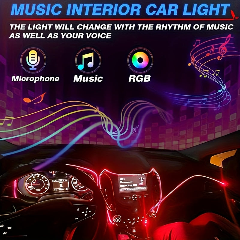 1 Set 236 Inches RGB 5in 1 Ambient LED Strip Lights Kit- Wireless App Controlled, 16 Million Colors, Sync to Music,  12V, Room Electrical/Hard Wiring, for Motor Vehicles, with Fiber Optic Cable