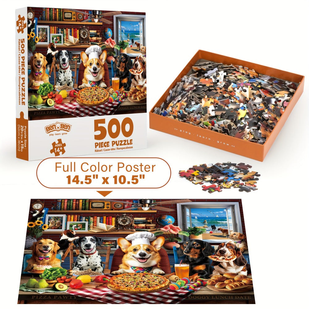 Dogs Dinner Party Jigsaw Puzzle 500 & 1000 Pieces for Adults – Funny Dog Art Puzzle with Letters on Back & Reference Poster, Family Game Night Gift for Dog Lovers Christmas Birthday Thanksgiving