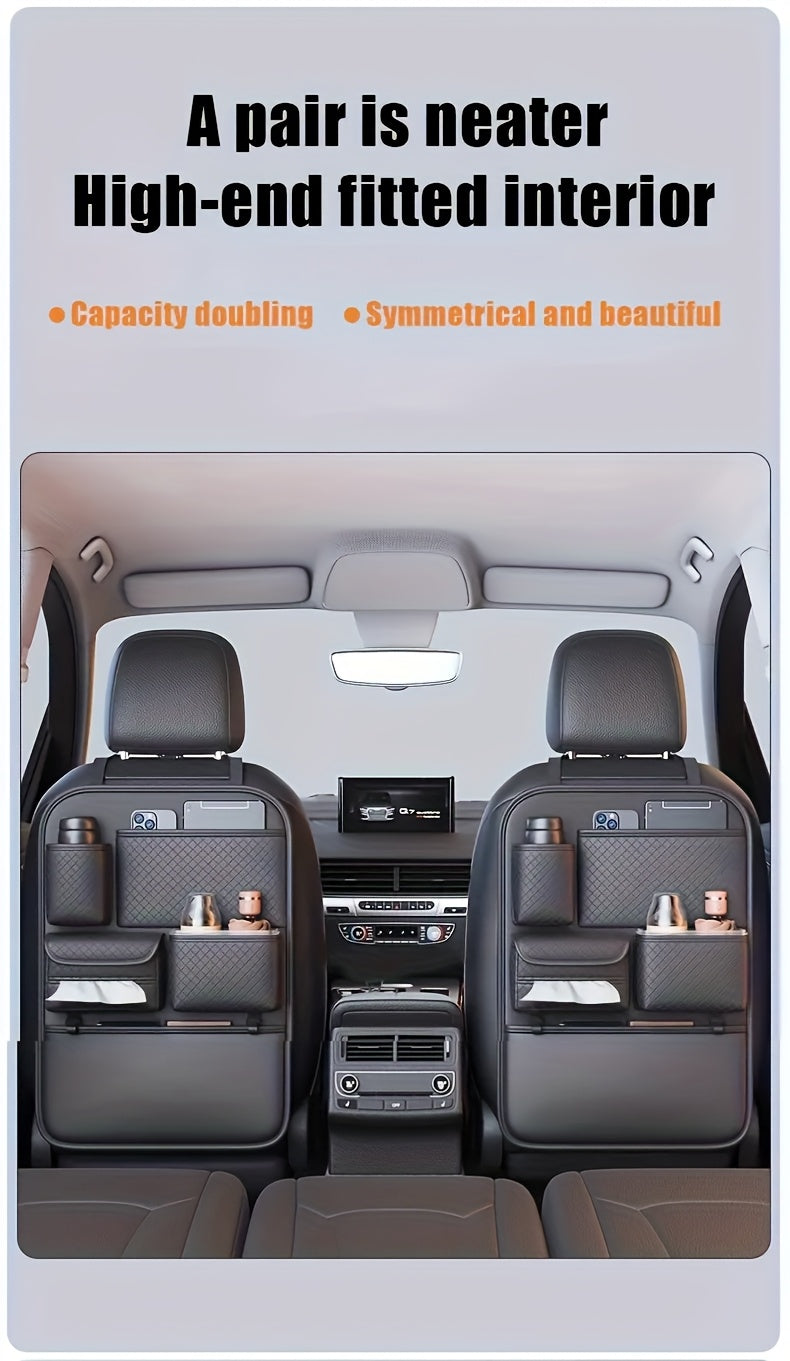 1pc Brand New 2025 Faux Leather Car Seat Back Organizer Bag Featuring a Diamond Design - Multi-Tier Storage for Bottles, Tablets, Laptops, And Additions, Black, Universal | Chic Car Organizer Bag | Faux Leather Car Bag