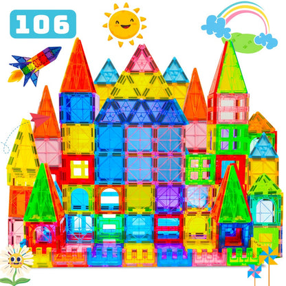 Magnetic Tiles for Kids 80/106/136pcs with 2 Cars – STEM Magnetic Building Blocks Construction Toy Set, Crystal Clear ABS, Sensory Learning Toy for Boys Girls Ages 3 4 5 6 7 8 9+, Birthday Christmas Gift