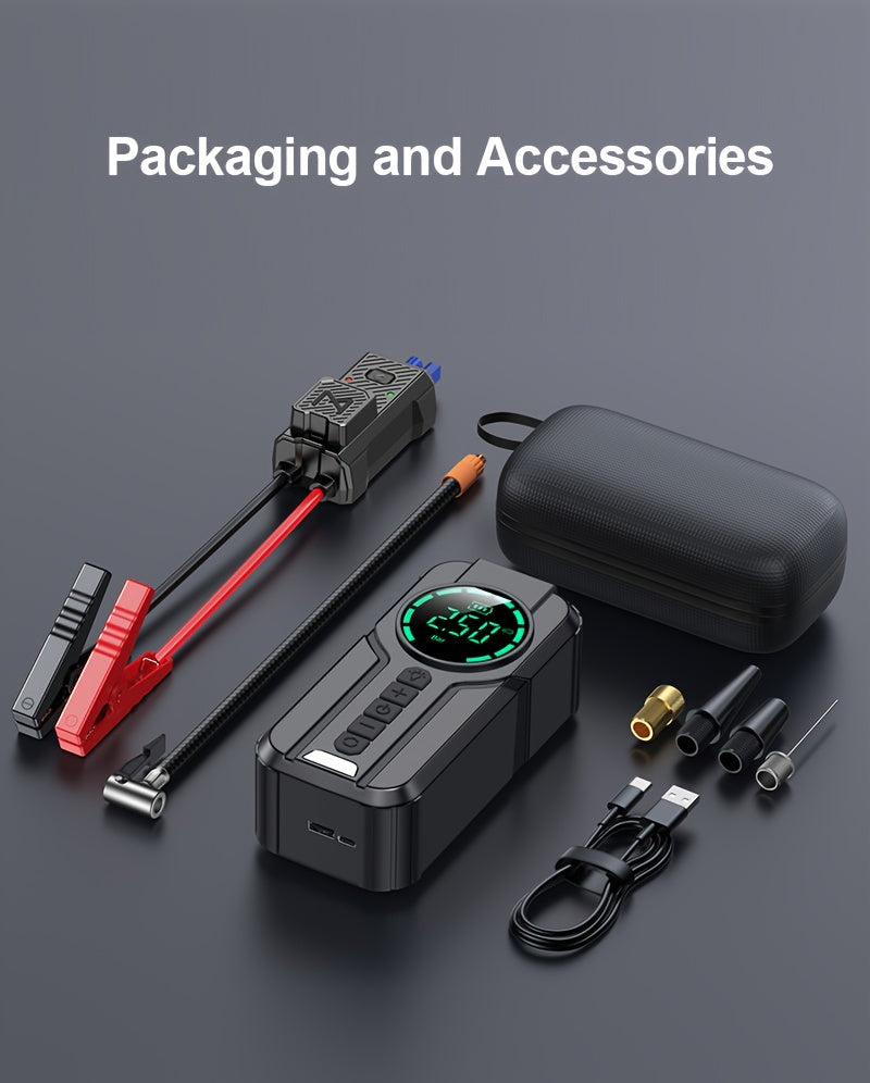 12000A-18000A 7-in-1 Vehicle Emergency Starter Power Bank with Extended Smart Jump Cables, Fast Charging, Large Display, LED Lighting, Compatible with All Gas/Diesel Engines (2.64 Gallons), Quick Vehicle Start, And Air Pump Function