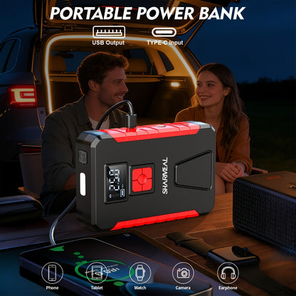 Portable Jump Starter with Air Compressor – 15000A-19000A Peak 350PSI 12V 17-in-1 Car Battery Jump Starter, Digital Display, LED Light & Smart Clamp for Cars Trucks SUVs