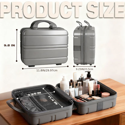 Hard Shell Makeup Travel Case Waterproof Pressure-Proof Portable Cosmetic Suitcase with Elastic Band Luggage Attachment Carry-On Organizer for Women Travel Camping Gym 30x25x15cm