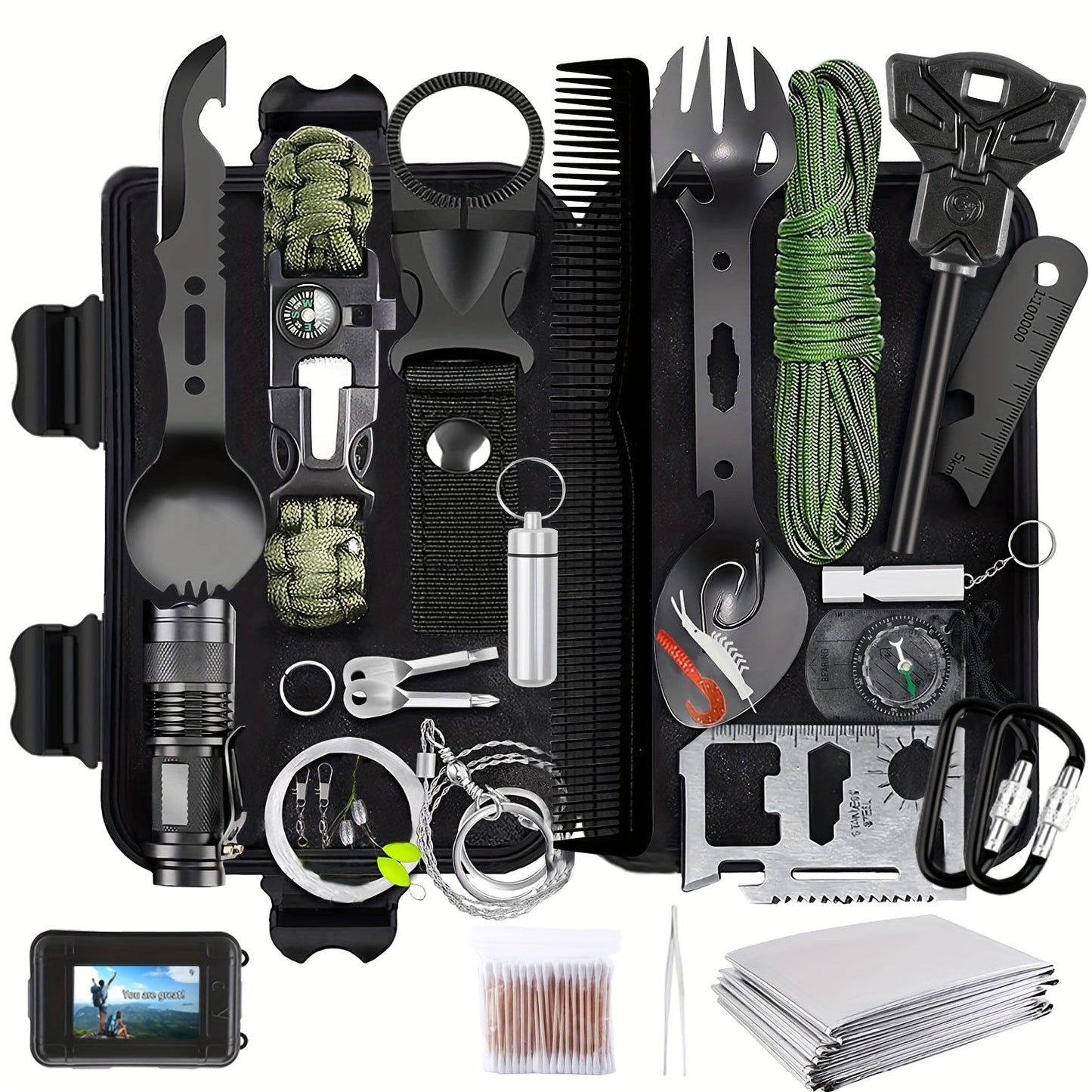 Survival Kit with Fire Starter & Compass – 14/152/258 Piece Outdoor Survival Gear Set for Camping, Hiking & Emergency | Perfect Gift for Men