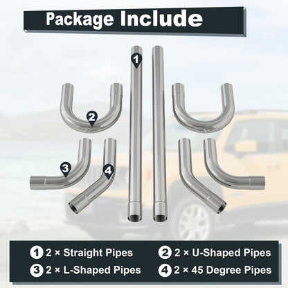 2.5 Inch Exhaust Pipe Kit Mandrel Bend - 8pcs Universal Mild Steel 16 Gauge Tubing with 90° 45° U-Bend & Straight Pipes for Custom Exhaust Fabrication
