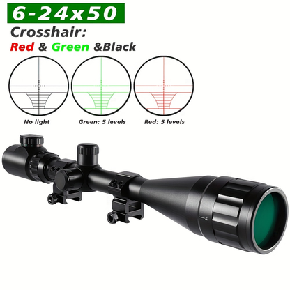 6-24X50 AO Rifle Scope with Illuminated Red Green Reticle, Long Range Hunting Scope for 20mm Picatinny Rail Mount, Tactical Optical Sight for Shooting & Outdoor Use