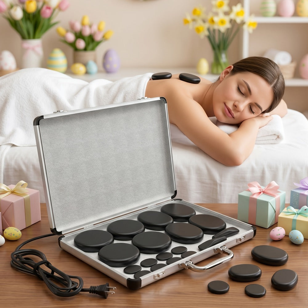 18-Piece Basalt Hot Stone Massage Set with Warmer — 4 Sizes for Full Body Deep Relaxation, Professional Therapist & Home Spa Stone Therapy Kit, Temperature Control Heater