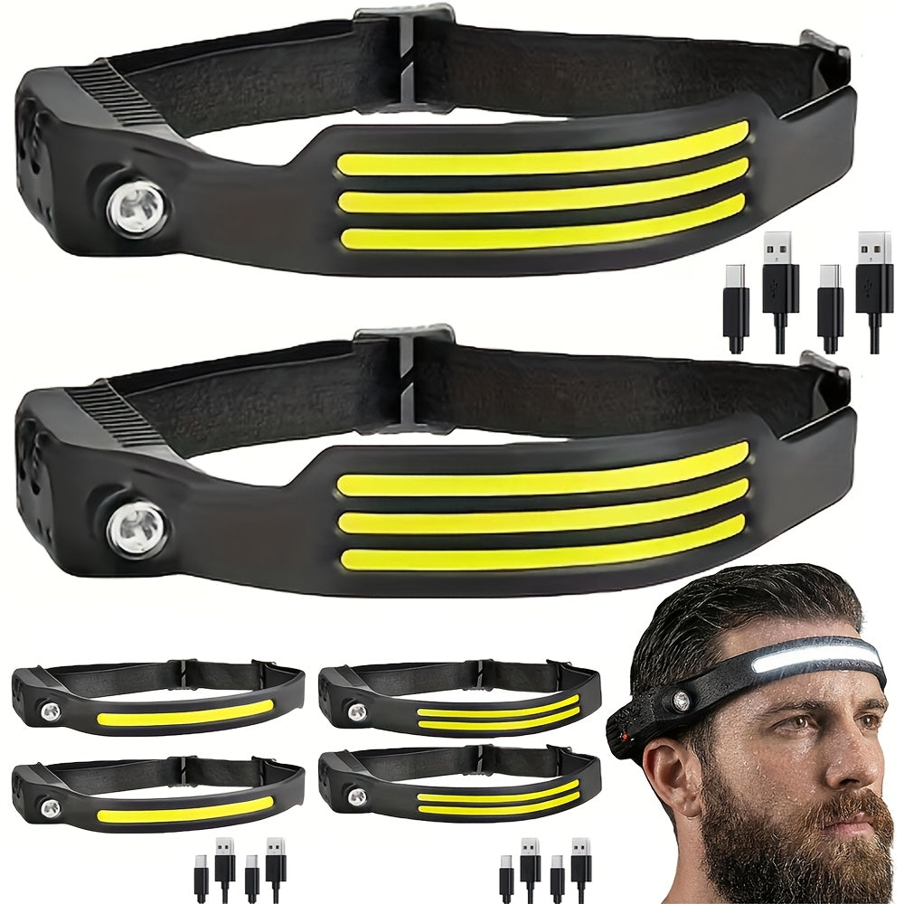 COB LED Headlamp 2 Pack 230° Wide Beam Motion Sensor Rechargeable Head Torch for Hiking Running Fishing Camping Hard Hat
